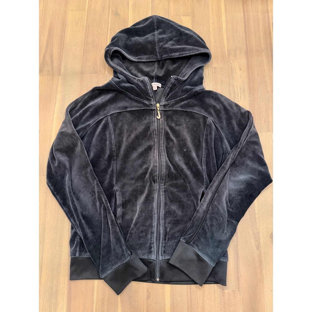 Juicy‎ Couture Black Velour Zip Up Hoodie Rhinestone J Pull Y2K Size M